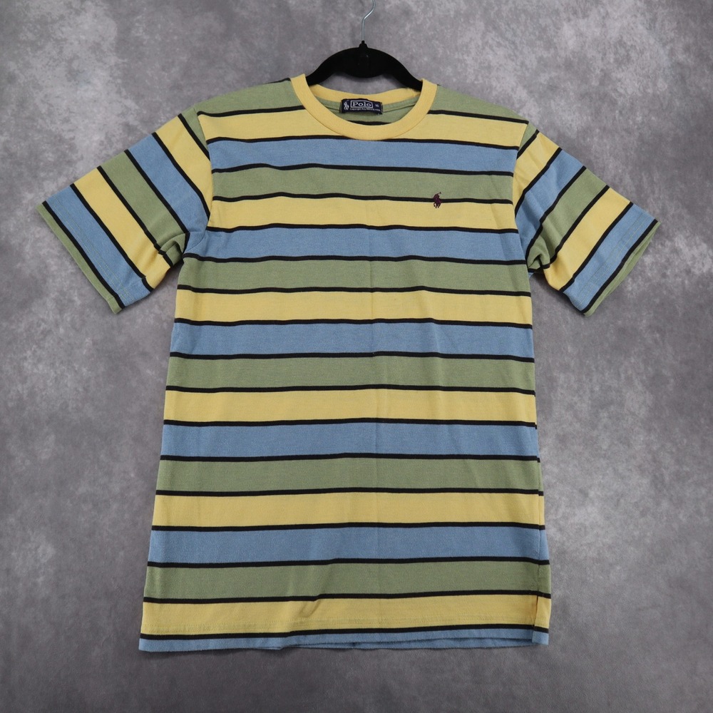 Vintage Polo Ralph Lauren Striped T Shirt Yellow Blue Green Youth 16 Fits XS